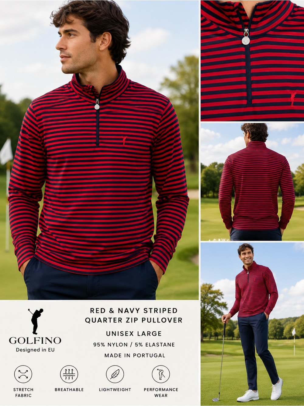 Golfino Red Navy Striped Quarter Zip Golf Pullover Unisex Large Made in Portugal